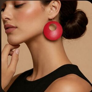 Bold Red Wooden Circular Cut Out Drop Earrings Lightweight Handmade